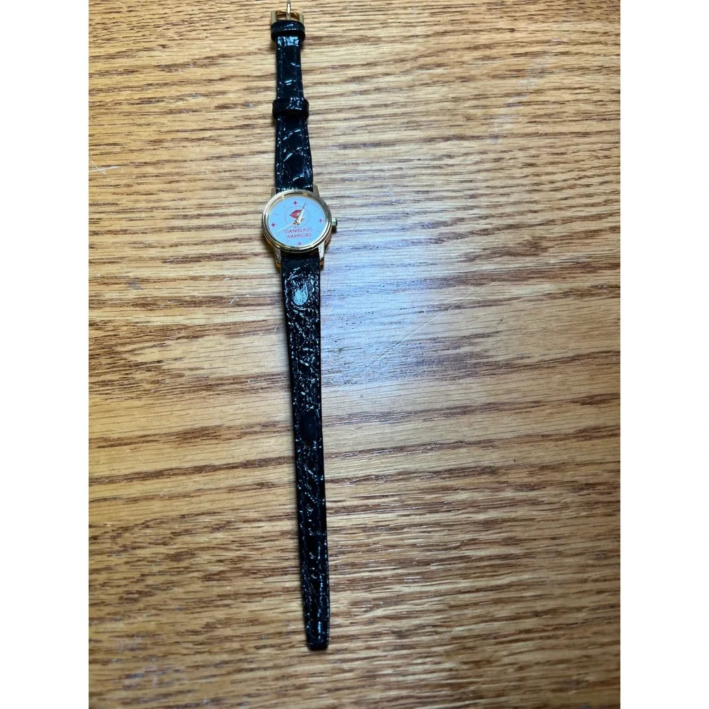 Vintage Stanislaus Warriors Image Watch Gold Tone Black Leather Strap USA Made